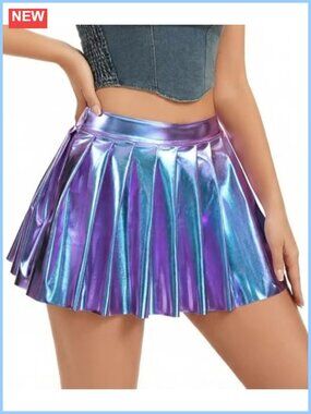 Metallic Mini Skater Skirt Shiny Pleated Rave Festival Costume